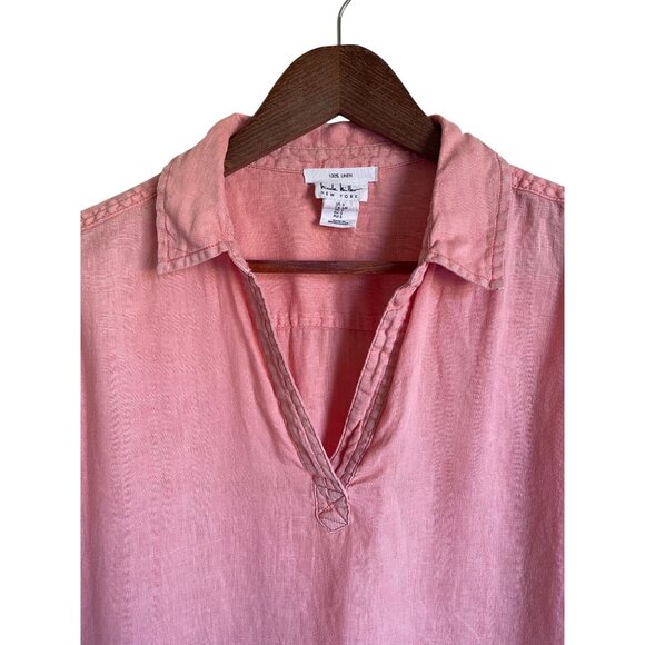 Nicole Miller Size Small Salmon Pink Orange 100% Linen Collared Popover Short Sl - Picture 5 of 5